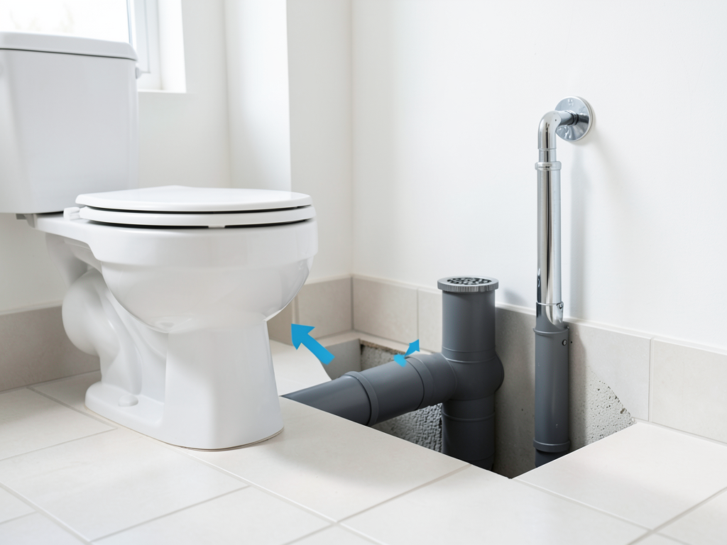 Bathroom plumbing diagram showing shared drain pipe between toilet and shower drain, with arrows illustrating water and air flow